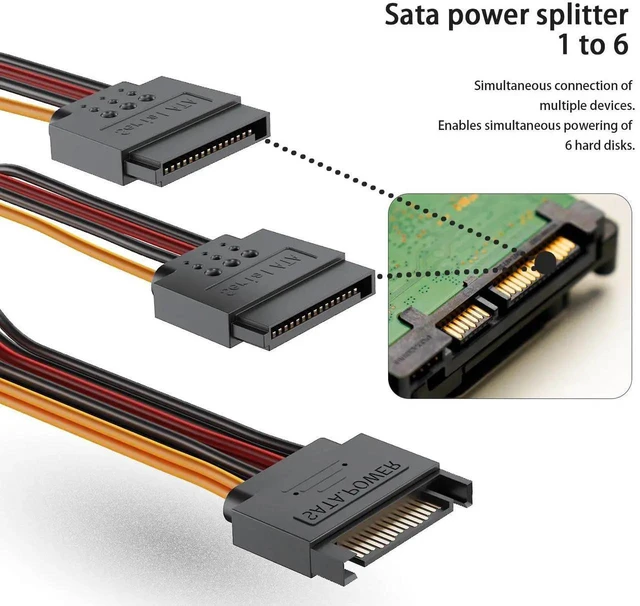 Alt view image 5 of 7 - WRIARICH 3 Pack 8 Inch 15Pin SATA Power Y Splitter Cables, SATA Male to Dual Female Power Extension Cord for Storage Drives