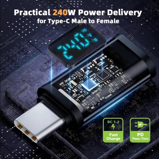 Alt view image 2 of 7 - WRIARICH 240W USB4 Male to Female Extension Adapter with Smart LED Display, USB4.0 40Gbps Type-C Voltage Current Power Tester Detector