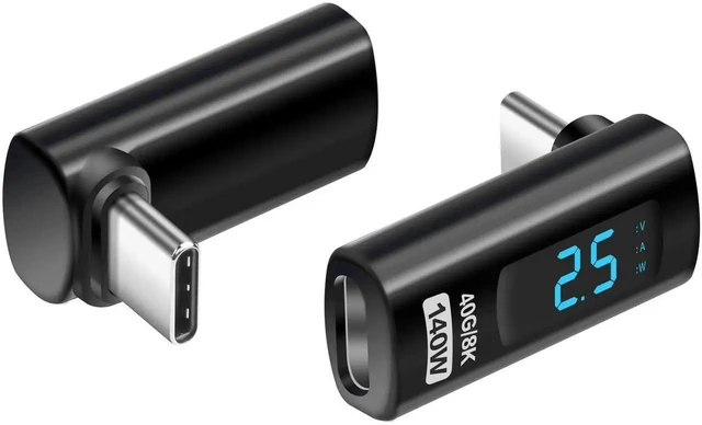 Main image of WRIARICH 90 Degree L-Shaped USB-C Male to Female Adapter with LED Digital Display, 140W PD Fast Charging & 40Gbps Data Transfer, Real-Time Voltage Current Power Tester Detector