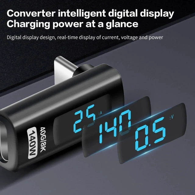 Alt view image 2 of 7 - WRIARICH 90 Degree L-Shaped USB-C Male to Female Adapter with LED Digital Display, 140W PD Fast Charging & 40Gbps Data Transfer, Real-Time Voltage Current Power Tester Detector