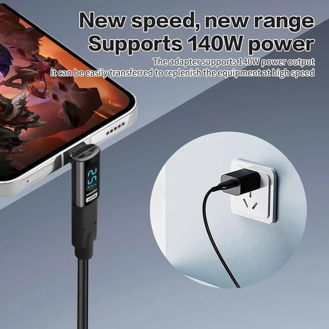 Alt view image 3 of 7 - WRIARICH 90 Degree L-Shaped USB-C Male to Female Adapter with LED Digital Display, 140W PD Fast Charging & 40Gbps Data Transfer, Real-Time Voltage Current Power Tester Detector