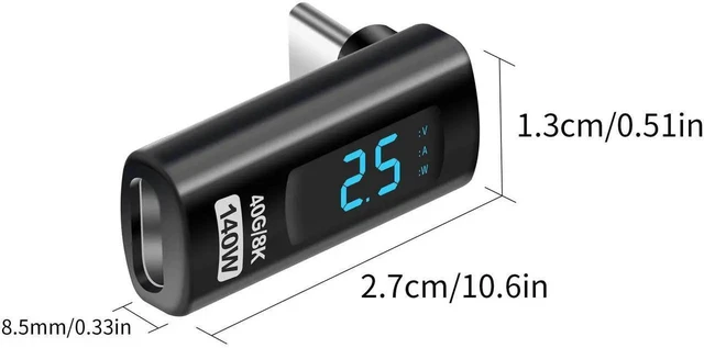 Alt view image 5 of 7 - WRIARICH 90 Degree L-Shaped USB-C Male to Female Adapter with LED Digital Display, 140W PD Fast Charging & 40Gbps Data Transfer, Real-Time Voltage Current Power Tester Detector
