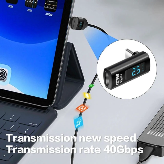 Alt view image 6 of 7 - WRIARICH 90 Degree L-Shaped USB-C Male to Female Adapter with LED Digital Display, 140W PD Fast Charging & 40Gbps Data Transfer, Real-Time Voltage Current Power Tester Detector