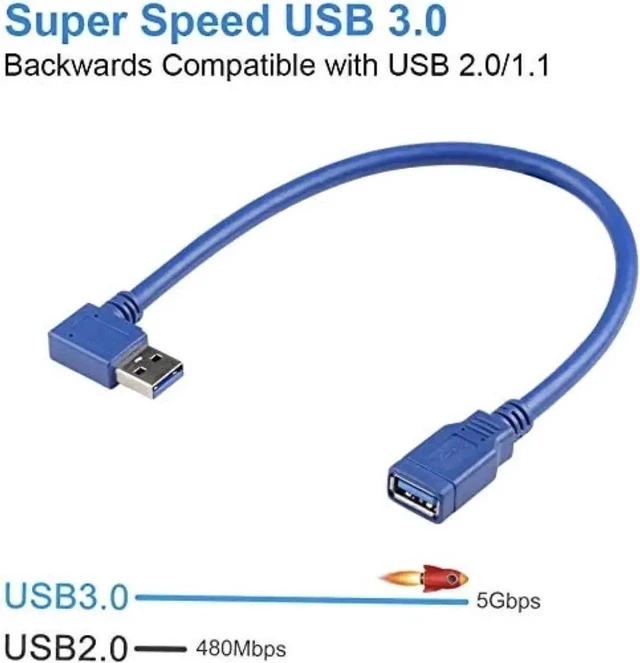Alt view image 4 of 6 - WRIARICH 90-Degree USB-A 3.0 Extension Cable 2-Pack, 1 Left & 1 Right Angle Male to Female, 30cm (1ft) Blue, SuperSpeed 5Gbps Data Transfer & Charging Cord
