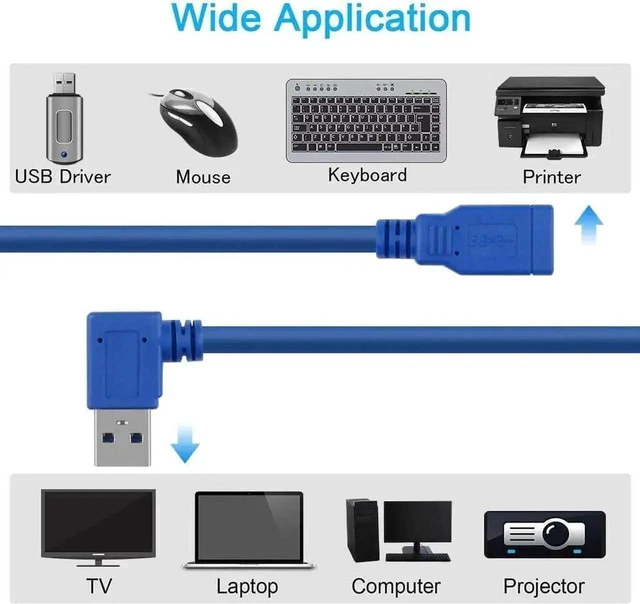 Alt view image 5 of 6 - WRIARICH 90-Degree USB-A 3.0 Extension Cable 2-Pack, 1 Left & 1 Right Angle Male to Female, 30cm (1ft) Blue, SuperSpeed 5Gbps Data Transfer & Charging Cord