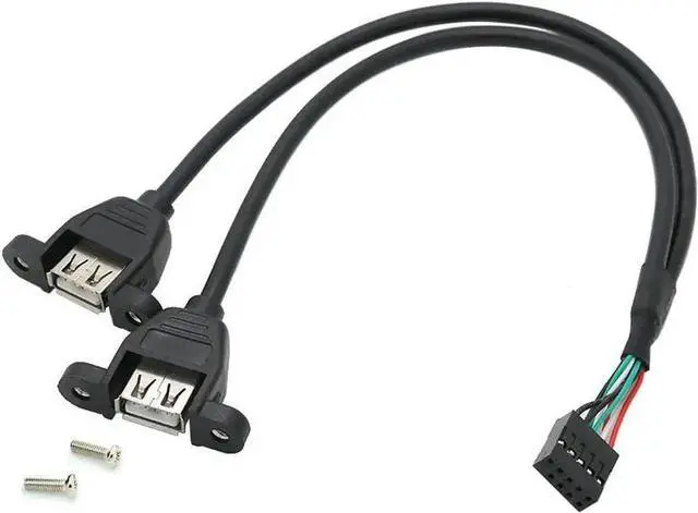 Main image of WRIARICH 1.64FT Black USB 2.0 Motherboard 9Pin Header Splitter Cable, 1 Internal Header to Dual Panel Mount USB-A Female Ports with Mounting Screws for PC Chassis Front Panel