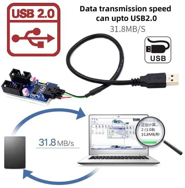 Alt view image 2 of 7 - WRIARICH Mainboard USB2.0 9Pin Header 1-to-2 Splitter Cable, 9/10Pin Internal Dual USB-A Female Hub Adapter