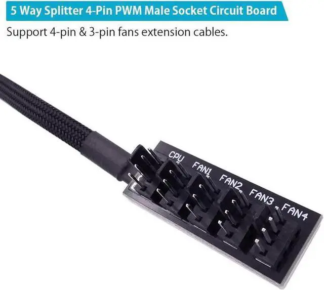 Alt view image 5 of 7 - WRIARICH 1 to 5 Way 4-Pin PWM Fan Hub Splitter Cable, Compatible with 3/4 Pin PC Case & CPU Cooling Fans