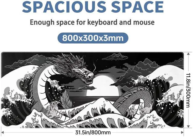 Alt view image 2 of 7 - Wave Sea Dragon Gaming Mouse Pad Large Desk Mat Extended Black Keyboard Mouse Pad Gaming Mousepad with Non-Slip Base Stitched Edge Anime Mouse Mat Desk Pad 31.5 X 11.8 Mouse Pads for Desk Home Office