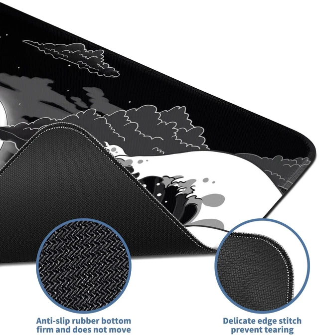 Alt view image 4 of 7 - Wave Sea Dragon Gaming Mouse Pad Large Desk Mat Extended Black Keyboard Mouse Pad Gaming Mousepad with Non-Slip Base Stitched Edge Anime Mouse Mat Desk Pad 31.5 X 11.8 Mouse Pads for Desk Home Office