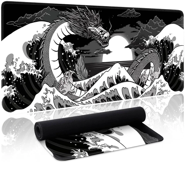 Main image of Wave Sea Dragon Gaming Mouse Pad Large Desk Mat Extended Black Keyboard Mouse Pad Gaming Mousepad with Non-Slip Base Stitched Edge Anime Mouse Mat Desk Pad 31.5 X 11.8 Mouse Pads for Desk Home Office