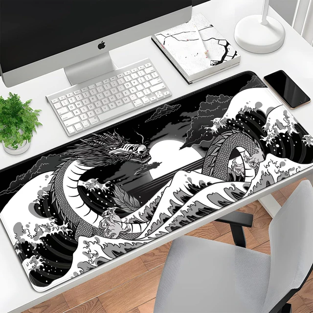Alt view image 7 of 7 - Wave Sea Dragon Gaming Mouse Pad Large Desk Mat Extended Black Keyboard Mouse Pad Gaming Mousepad with Non-Slip Base Stitched Edge Anime Mouse Mat Desk Pad 31.5 X 11.8 Mouse Pads for Desk Home Office