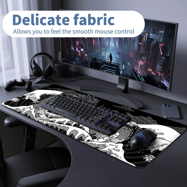 Alt view image 5 of 7 - Wave Sea Dragon Gaming Mouse Pad Large Desk Mat Extended Black Keyboard Mouse Pad Gaming Mousepad with Non-Slip Base Stitched Edge Anime Mouse Mat Desk Pad 31.5 X 11.8 Mouse Pads for Desk Home Office