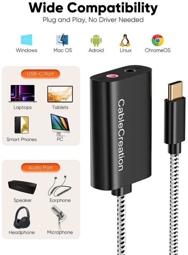 Alt view image 4 of 7 - Vszerda Type C External Sound Card with 3.5 mm Audio Jack, USB-C Microphone Headphone Adapter Compatible with MacBook Pro, iMac, iPad Pro 2020, iPhone 16/15, Galaxy S24/ S23/ S22/ S21+