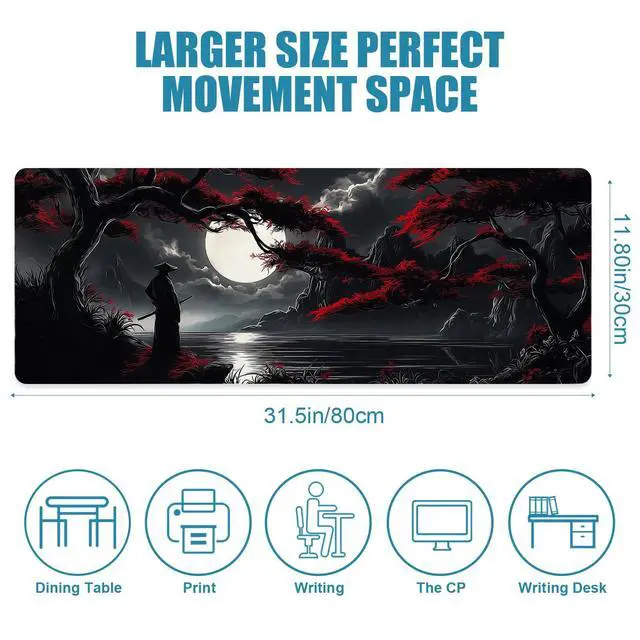 Alt view image 2 of 7 - WRIARICH Large Gaming Mouse Pad, Japanese Samurai Desk Mat, XL Extended Big Mousepad with Non-Slip Rubber Base, Keyboard Computer Mat for Gamers, Office &Home, 31.5x11.8in, Red Maple