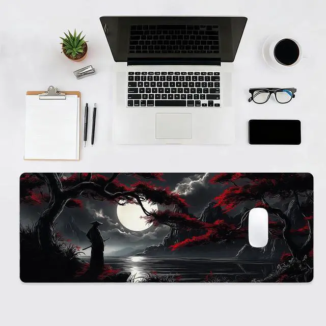 Alt view image 4 of 7 - WRIARICH Large Gaming Mouse Pad, Japanese Samurai Desk Mat, XL Extended Big Mousepad with Non-Slip Rubber Base, Keyboard Computer Mat for Gamers, Office &Home, 31.5x11.8in, Red Maple