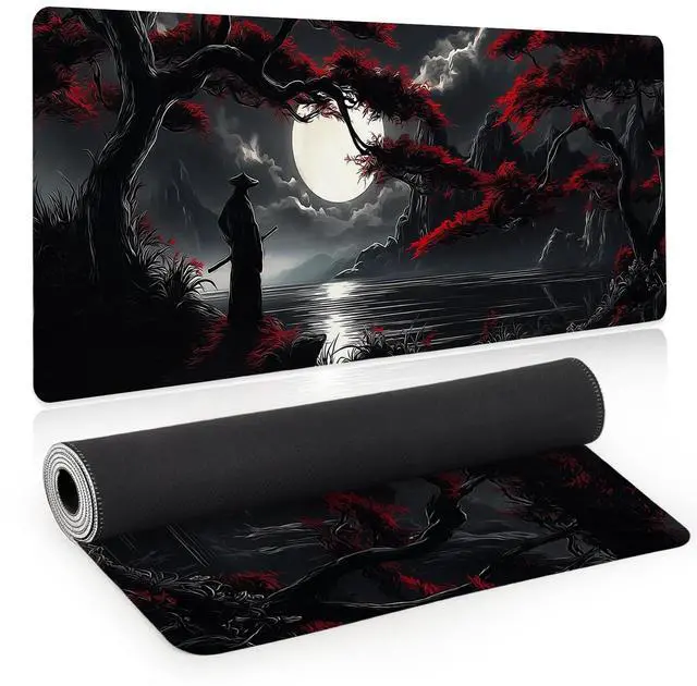 Main image of WRIARICH Large Gaming Mouse Pad, Japanese Samurai Desk Mat, XL Extended Big Mousepad with Non-Slip Rubber Base, Keyboard Computer Mat for Gamers, Office &Home, 31.5x11.8in, Red Maple