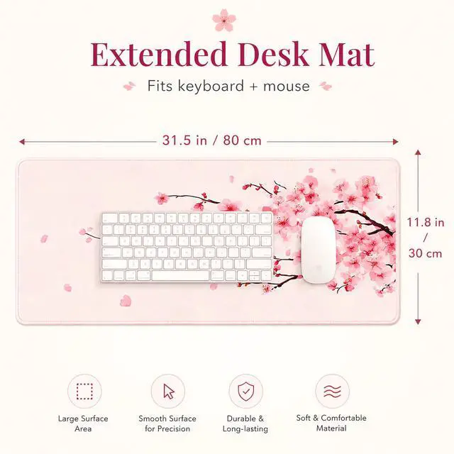 Alt view image 2 of 7 - WRIARICH Large Mouse Pad, Desk Mat Computer Keyboard Pad Non-Slip Rubber Base Waterproof with Stitched Edges for Laptop Gaming, Office & Home 31.5 x 11.8 Inch (Cherry Blossom)