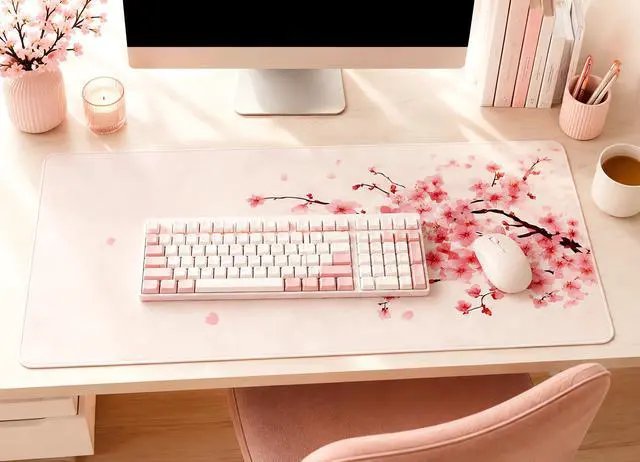 Alt view image 4 of 7 - WRIARICH Large Mouse Pad, Desk Mat Computer Keyboard Pad Non-Slip Rubber Base Waterproof with Stitched Edges for Laptop Gaming, Office & Home 31.5 x 11.8 Inch (Cherry Blossom)
