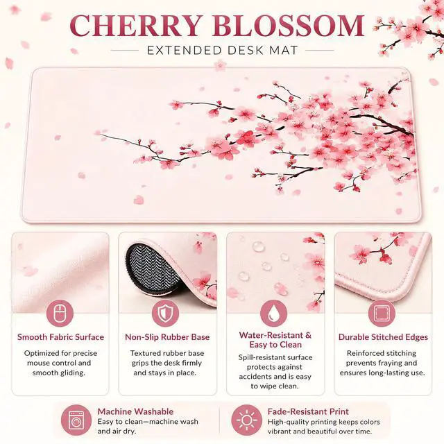Alt view image 3 of 7 - WRIARICH Large Mouse Pad, Desk Mat Computer Keyboard Pad Non-Slip Rubber Base Waterproof with Stitched Edges for Laptop Gaming, Office & Home 31.5 x 11.8 Inch (Cherry Blossom)
