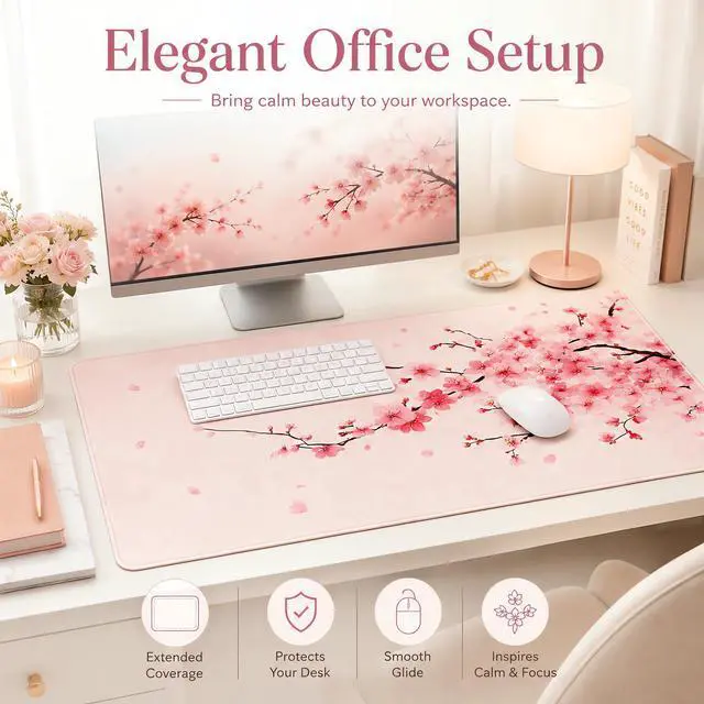 Alt view image 5 of 7 - WRIARICH Large Mouse Pad, Desk Mat Computer Keyboard Pad Non-Slip Rubber Base Waterproof with Stitched Edges for Laptop Gaming, Office & Home 31.5 x 11.8 Inch (Cherry Blossom)