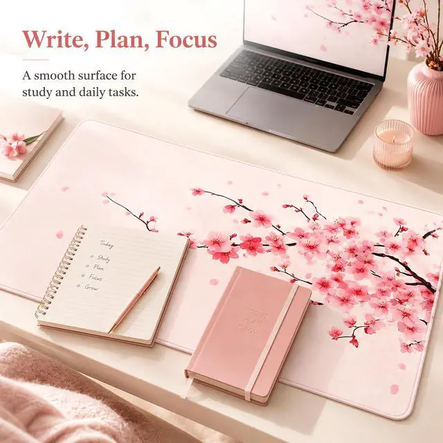 Alt view image 6 of 7 - WRIARICH Large Mouse Pad, Desk Mat Computer Keyboard Pad Non-Slip Rubber Base Waterproof with Stitched Edges for Laptop Gaming, Office & Home 31.5 x 11.8 Inch (Cherry Blossom)