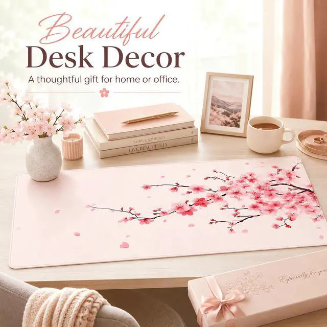 Alt view image 7 of 7 - WRIARICH Large Mouse Pad, Desk Mat Computer Keyboard Pad Non-Slip Rubber Base Waterproof with Stitched Edges for Laptop Gaming, Office & Home 31.5 x 11.8 Inch (Cherry Blossom)