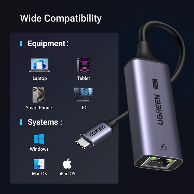 Alt view image 6 of 7 - Vszerda USB C to Ethernet Adapter 2.5G, Ethernet Adapter for Laptop, Aluminum, Type C (Thunderbolt 4/3 Compatible) to RJ45 Network Internet, Compatible for NAS, MacBook Air/Pro, XPS, iPhone 17 Pro/Max