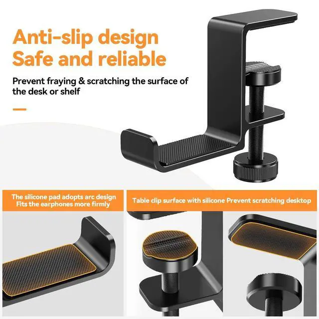 Alt view image 2 of 6 - WRIARICH Headphone Hanger Holder Stand-Under Desk Headphone Hanger Headset Hook Holder Space-Saving Aluminum Stand with Universal Fit for Gaming PC Accessories (Black-1PCS)