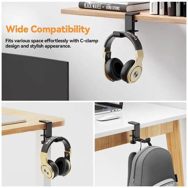 Alt view image 5 of 6 - WRIARICH Headphone Hanger Holder Stand-Under Desk Headphone Hanger Headset Hook Holder Space-Saving Aluminum Stand with Universal Fit for Gaming PC Accessories (Black-1PCS)