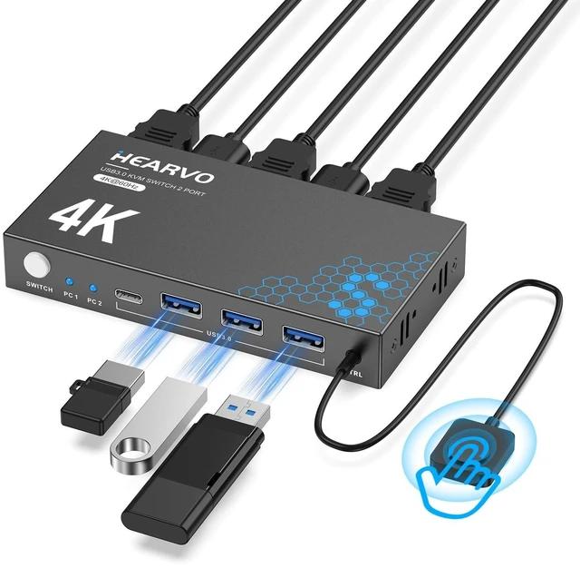 Main image of Vszerda USB 3.0 HDMI KVM Switch 1 Monitors 2 Computers, 4K@60Hz KVM Switches for 2 Computers Sharing Monitor Keyboard Mouse Hard Drives Printer, with EDID Adaptive, 2USB Cable and Controller -S7232H