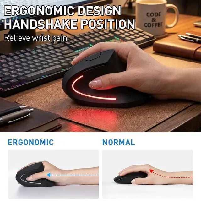 Alt view image 2 of 6 - Ergonomic Mouse, Bluetooth and 2.4G Dual Mode Rechargeable Wireless Vertical Mouse, 800/1200/1600 Adjustable DPI, Quiet Clicks,6 Buttons,2.4GHz USB-A Optical Mice for Laptop/MacBook/PC/Desktop-Black