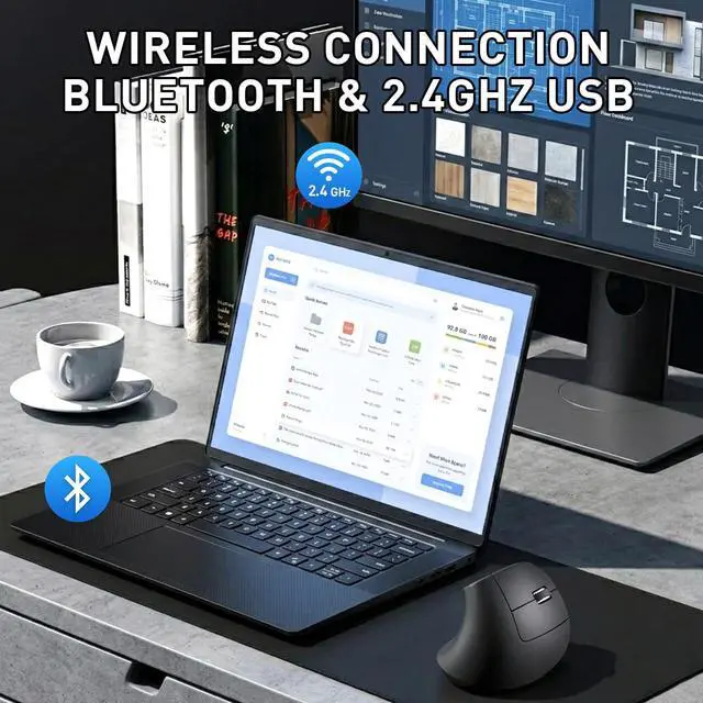 Alt view image 3 of 6 - Ergonomic Mouse, Bluetooth and 2.4G Dual Mode Rechargeable Wireless Vertical Mouse, 800/1200/1600 Adjustable DPI, Quiet Clicks,6 Buttons,2.4GHz USB-A Optical Mice for Laptop/MacBook/PC/Desktop-Black