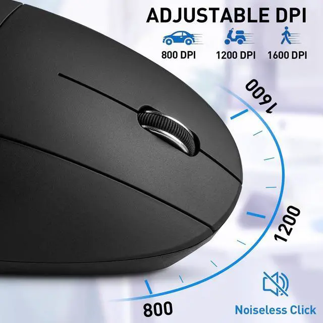 Alt view image 5 of 6 - Ergonomic Mouse, Bluetooth and 2.4G Dual Mode Rechargeable Wireless Vertical Mouse, 800/1200/1600 Adjustable DPI, Quiet Clicks,6 Buttons,2.4GHz USB-A Optical Mice for Laptop/MacBook/PC/Desktop-Black