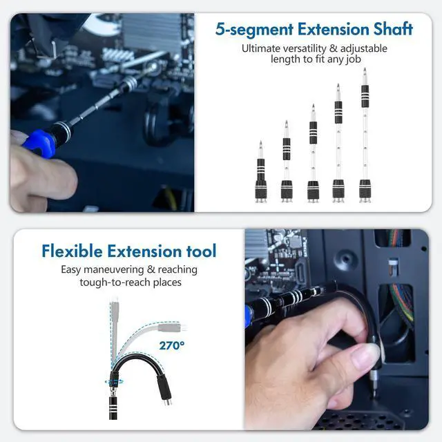 Alt view image 5 of 7 - WRIARICH XOOL 62-in-1 Precision Screwdriver Kit, 58 Magnetic Bits, Flexible Shaft & Extension Rod, Electronics Repair Tool for Phone, Laptop, PC, Tablet, Game Console