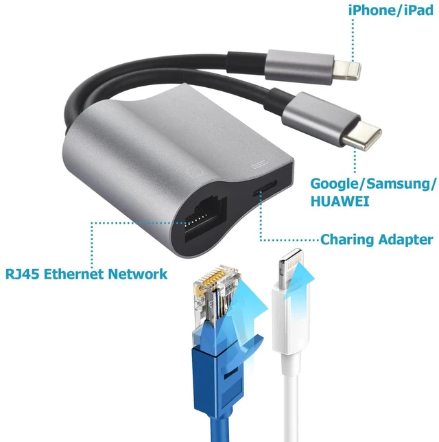 Alt view image 2 of 7 - 2 in 1 Lightning and USB C to RJ45 Ethernet Adapter 100Mbps Wired LAN Network Adapter with Charging Port Ethernet Cable Adapter For iPhone 14/13/12/11/iPad