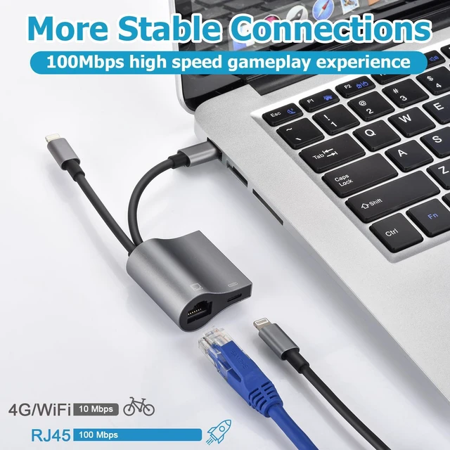 Alt view image 3 of 7 - 2 in 1 Lightning and USB C to RJ45 Ethernet Adapter 100Mbps Wired LAN Network Adapter with Charging Port Ethernet Cable Adapter For iPhone 14/13/12/11/iPad