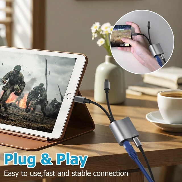 Alt view image 4 of 7 - 2 in 1 Lightning and USB C to RJ45 Ethernet Adapter 100Mbps Wired LAN Network Adapter with Charging Port Ethernet Cable Adapter For iPhone 14/13/12/11/iPad