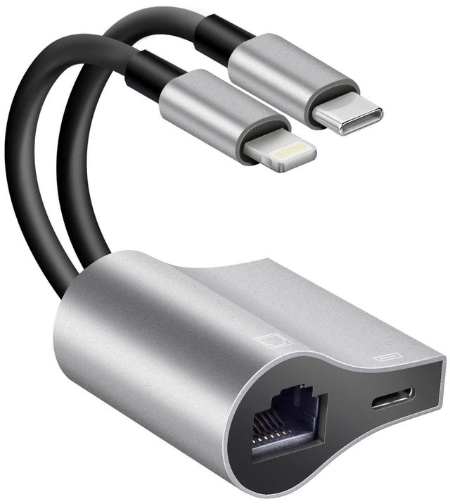 Main image of 2 in 1 Lightning and USB C to RJ45 Ethernet Adapter 100Mbps Wired LAN Network Adapter with Charging Port Ethernet Cable Adapter For iPhone 14/13/12/11/iPad