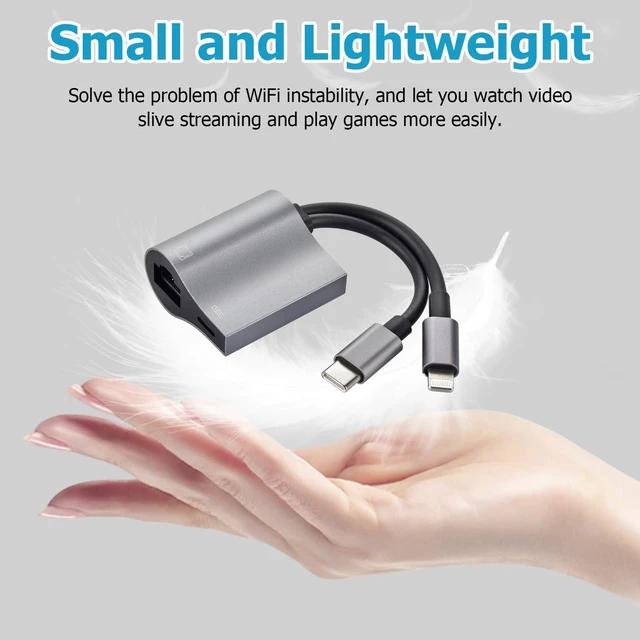 Alt view image 7 of 7 - 2 in 1 Lightning and USB C to RJ45 Ethernet Adapter 100Mbps Wired LAN Network Adapter with Charging Port Ethernet Cable Adapter For iPhone 14/13/12/11/iPad