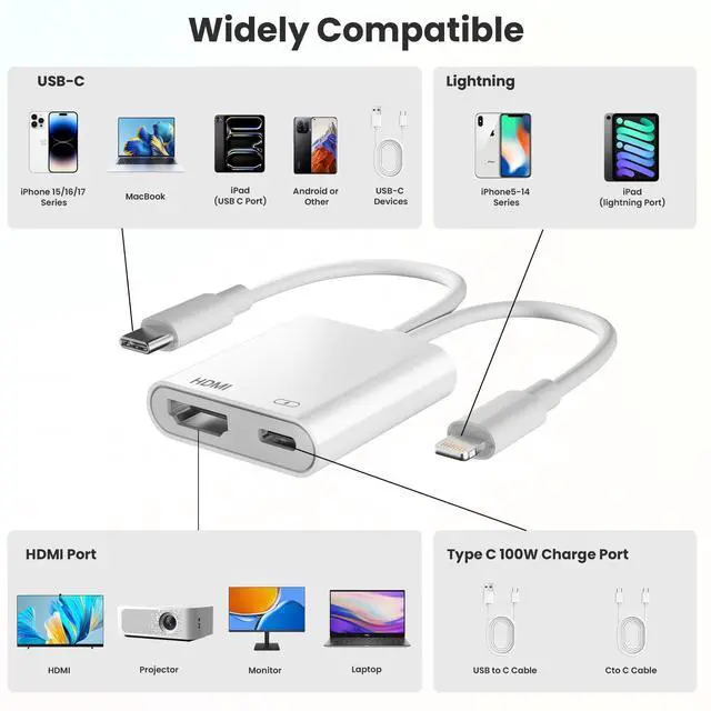 Alt view image 2 of 7 - 2 in 1 Lightning and USB-C to HDMI Adapter with 100W Fast Charging Port, 4K@60Hz MFi Certified Hdmi Adaptor for iPhone to TV, Lightning Hdmi Dongle for iPhone 17-5 Series/iPad /TV/Projector/Monitor