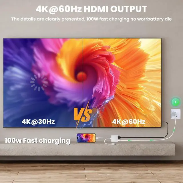 Alt view image 5 of 7 - 2 in 1 Lightning and USB-C to HDMI Adapter with 100W Fast Charging Port, 4K@60Hz MFi Certified Hdmi Adaptor for iPhone to TV, Lightning Hdmi Dongle for iPhone 17-5 Series/iPad /TV/Projector/Monitor