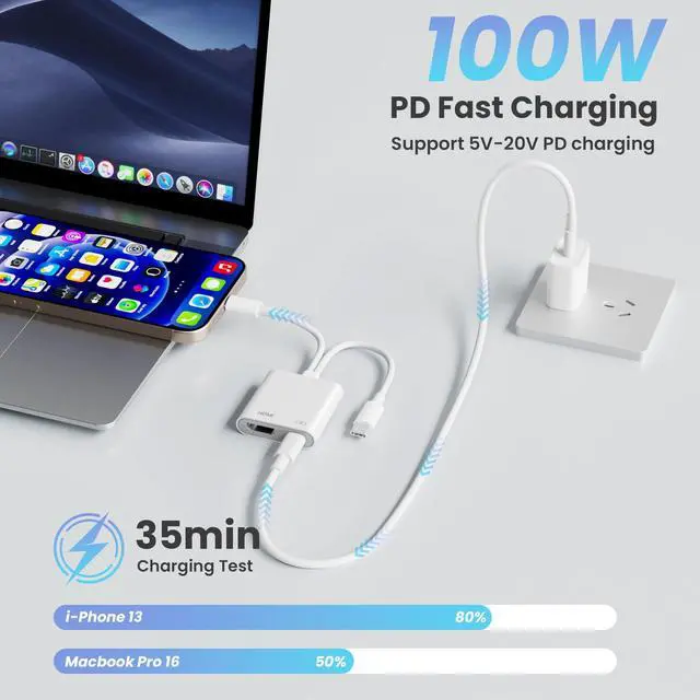 Alt view image 6 of 7 - 2 in 1 Lightning and USB-C to HDMI Adapter with 100W Fast Charging Port, 4K@60Hz MFi Certified Hdmi Adaptor for iPhone to TV, Lightning Hdmi Dongle for iPhone 17-5 Series/iPad /TV/Projector/Monitor