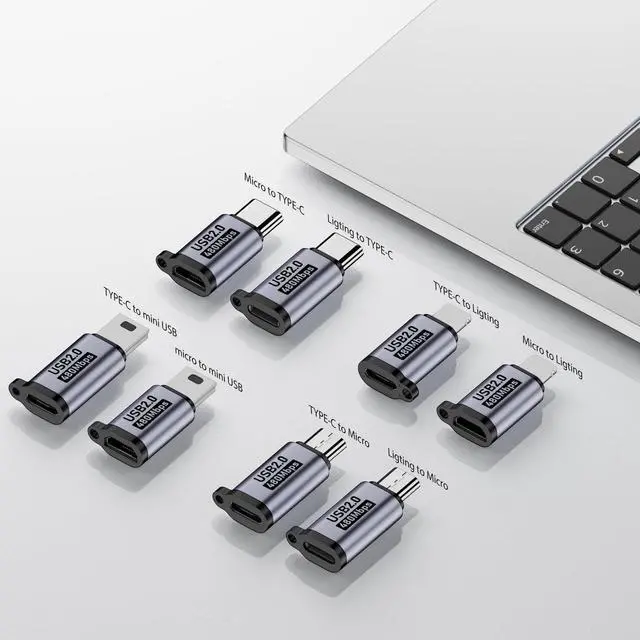 Alt view image 2 of 7 - WRIARICH USB C to Micro USB/Mini USB/Lighting Adapter, Light-ning to USB C/Micro USB Converter, Micro USB 2.0 to Type C/Lighting/Mini USB Connector (8 Pack)