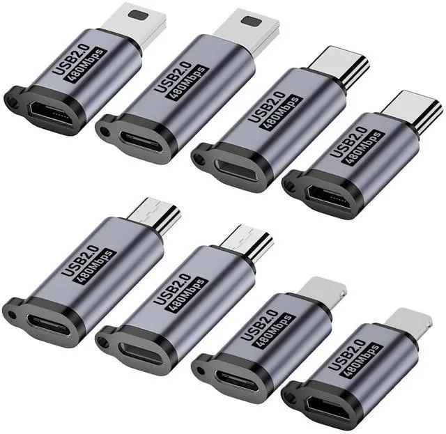 Main image of WRIARICH USB C to Micro USB/Mini USB/Lighting Adapter, Light-ning to USB C/Micro USB Converter, Micro USB 2.0 to Type C/Lighting/Mini USB Connector (8 Pack)
