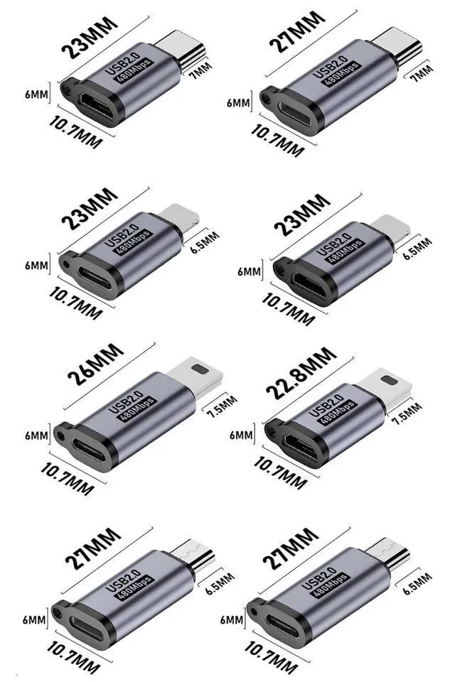 Alt view image 7 of 7 - WRIARICH USB C to Micro USB/Mini USB/Lighting Adapter, Light-ning to USB C/Micro USB Converter, Micro USB 2.0 to Type C/Lighting/Mini USB Connector (8 Pack)