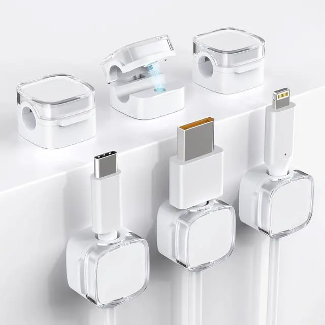 Main image of WRIARICH Cord Holder, 6 Pack Magnetic Cable Clips, Strong Adhesive Cord Holder for Nightstand Desk Organizer Kitchen Appliances Car Wall Office Phone Wire Keeper, Clear White