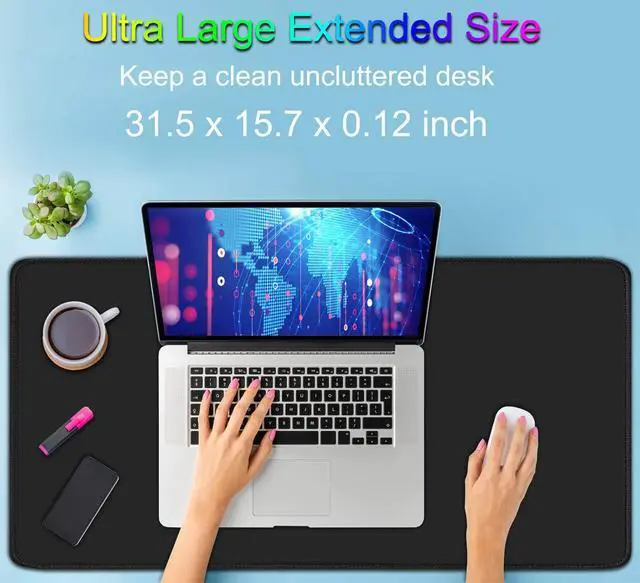 Alt view image 2 of 7 - WRIARICH Large Extended Gaming Mouse Pad with Stitched Edges, (31.5X15.7In) Durable Non-Slip Natural Rubber Base, Waterproof Computer Keyboard Pad Mat for Esports Pros/Gamer/Desktop/Office/Home-Black