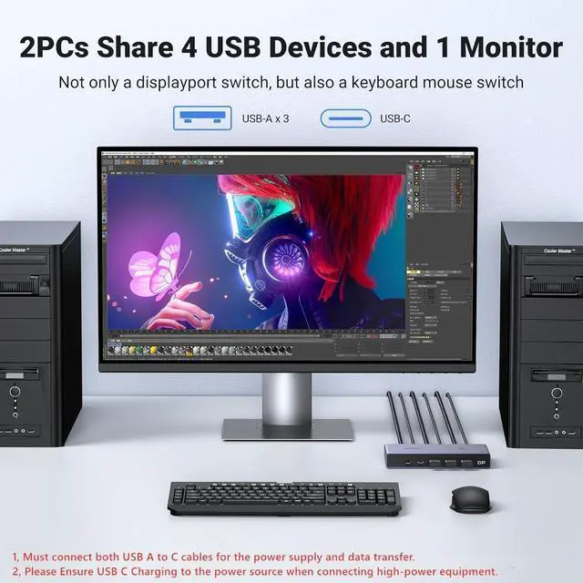 Alt view image 3 of 7 - 8K Displayport KVM Switch 2 in 1 Out DP1.4 with 4 USB 3.0 Ports(3 USB-A + 1 USB-C) Support 8K@60Hz 4K@240Hz Share 1 Monitor Keyboard Mouse U-Disk Printer, with 2 DP Cables, 2 USB A to C Cables