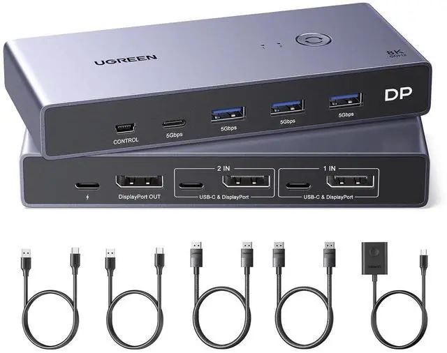 Main image of 8K Displayport KVM Switch 2 in 1 Out DP1.4 with 4 USB 3.0 Ports(3 USB-A + 1 USB-C) Support 8K@60Hz 4K@240Hz Share 1 Monitor Keyboard Mouse U-Disk Printer, with 2 DP Cables, 2 USB A to C Cables